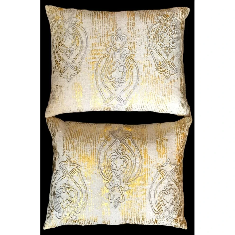 2 Gold Metallic Stump Embroidery Linen Feather Down Show Pillows Diem M. Abram